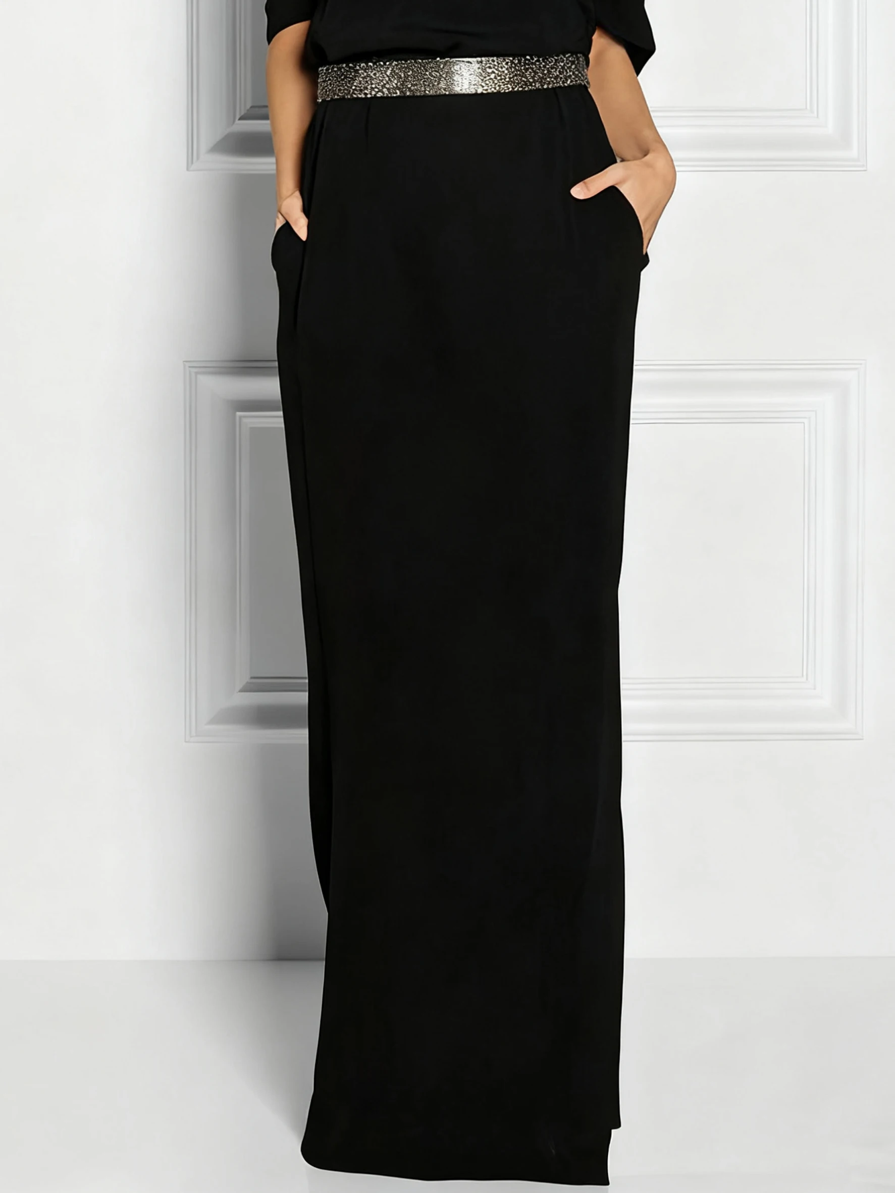 เดรสยาวสีดำคลาสสิกสำหรับผู้หญิง ฤดูใบไม้ร่วง-ฤดูหนาว 2025 ดีไซน์หรูหราสำหรับงานวันเกิด ประดับด้วยคริสตัล ทรงหลวม เสื้อผ้าผู้หญิง