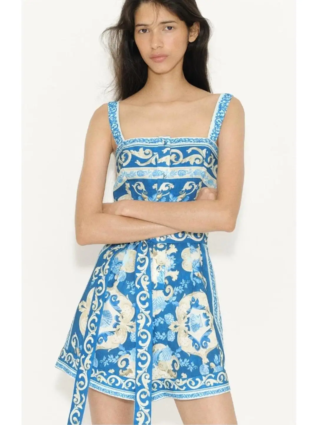 Summer Vacation Style Belted Tie Waist Short Romper Button Closure Slim Fit Women's Dress Soft Georgette Fabric Medium Stretch