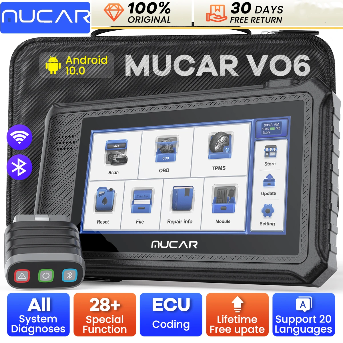 

MUCAR VO6 OBD2 Диагностический сканер, сканер для диагностики всех систем автомобиля, 28+ услуг, бесплатное обновление на весь срок службы