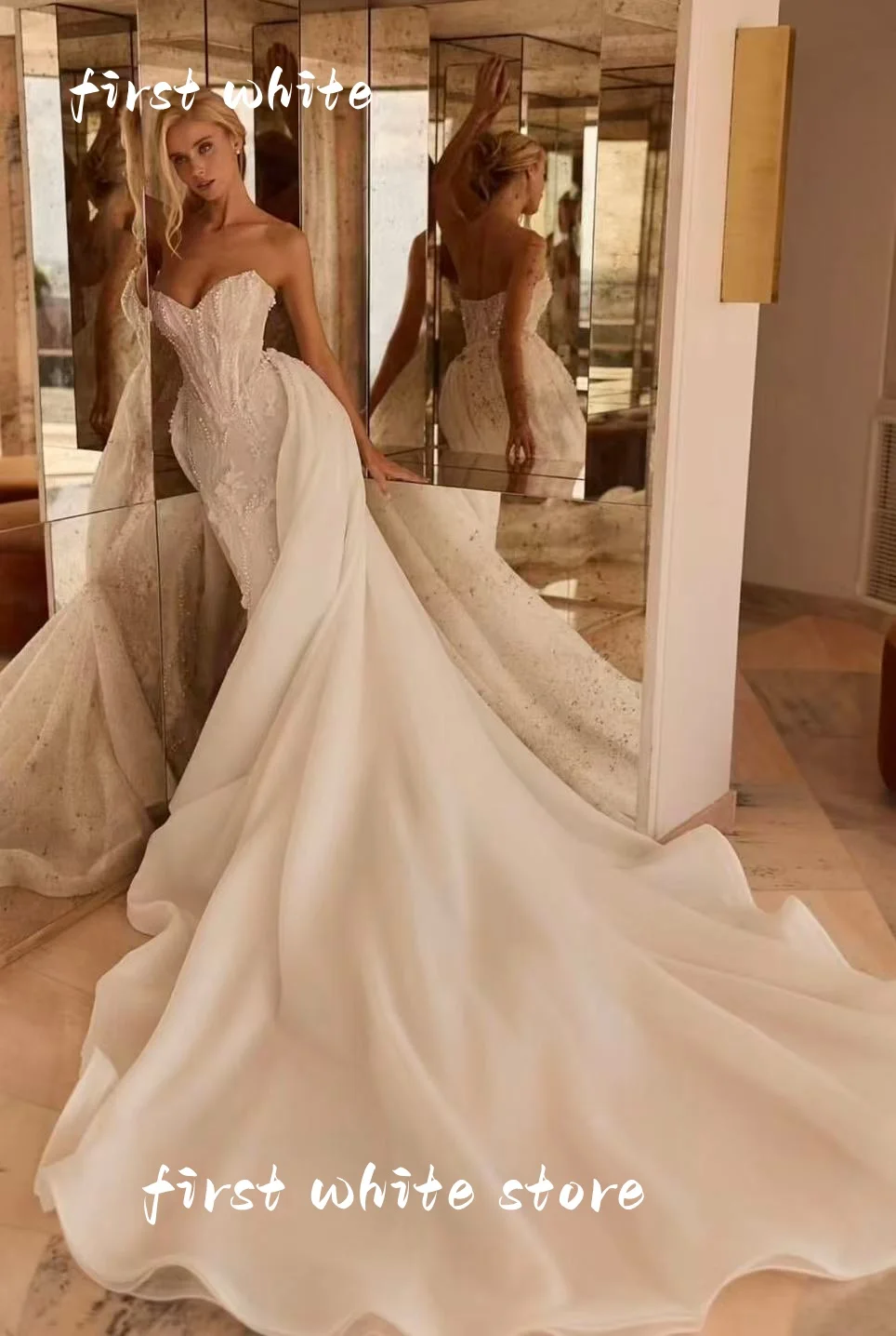 Romantic Strapless Appliques Beading Mermaid Wedding Dress Elegant Off the Shoulder Bridal Gown Customized Vestido de novia
