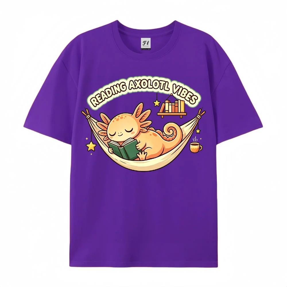 Women's Reading Axolotl Vibes Graphic T Shirt Cute Cartoon Sleeping Book Lover Casual Short Sleeve Pink Tee Gift