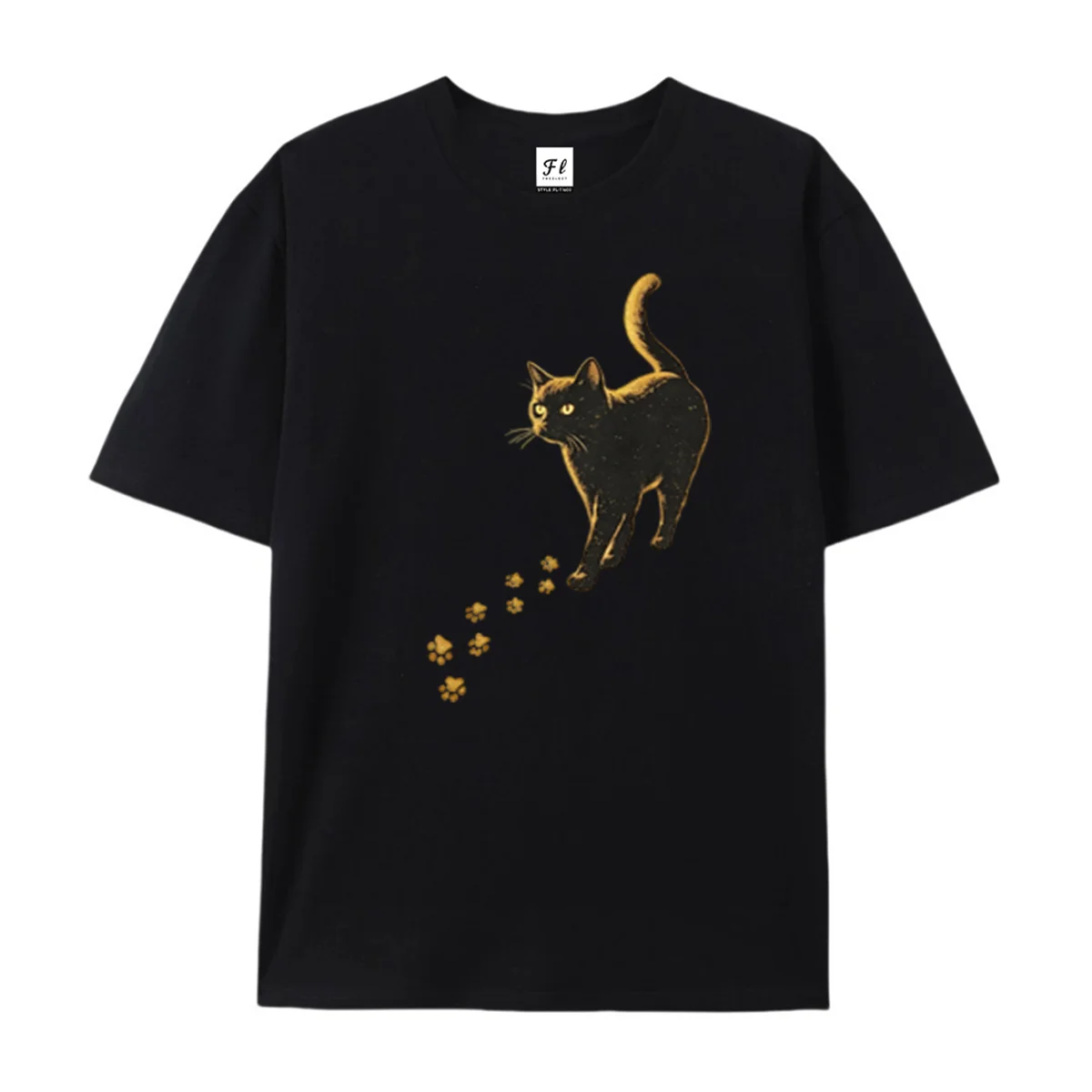 Black Cat With Golden Paw Prints Graphic T‑Shirt Mysterious Kitty Lover Art Tee Halloween Dark Feline Short Sleeve Casual Top