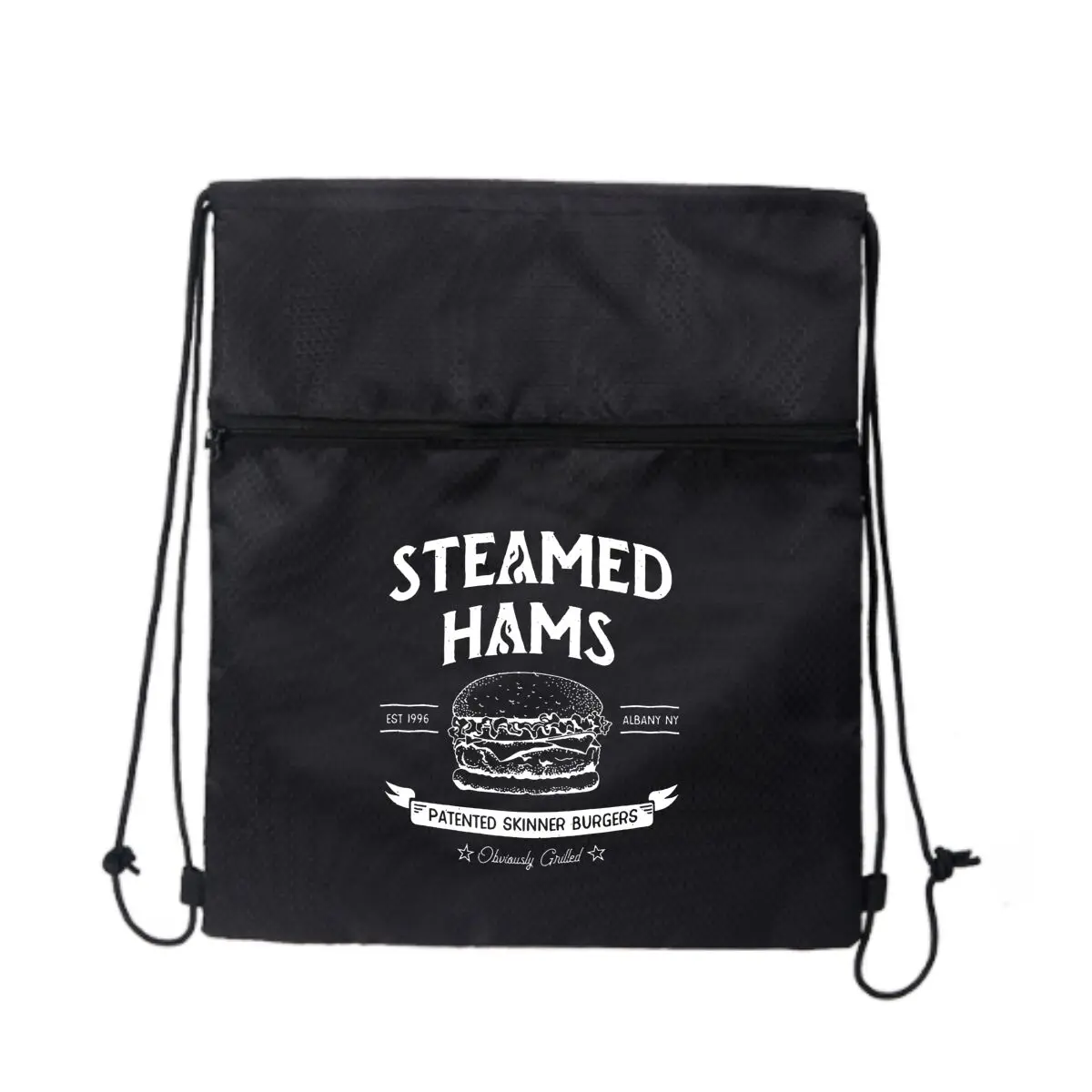 

Запатентованный дизайн Skinner Burgers от Steamed Hams с белым узором. Незаменимый уличный рюкзак на молнии с завязками.