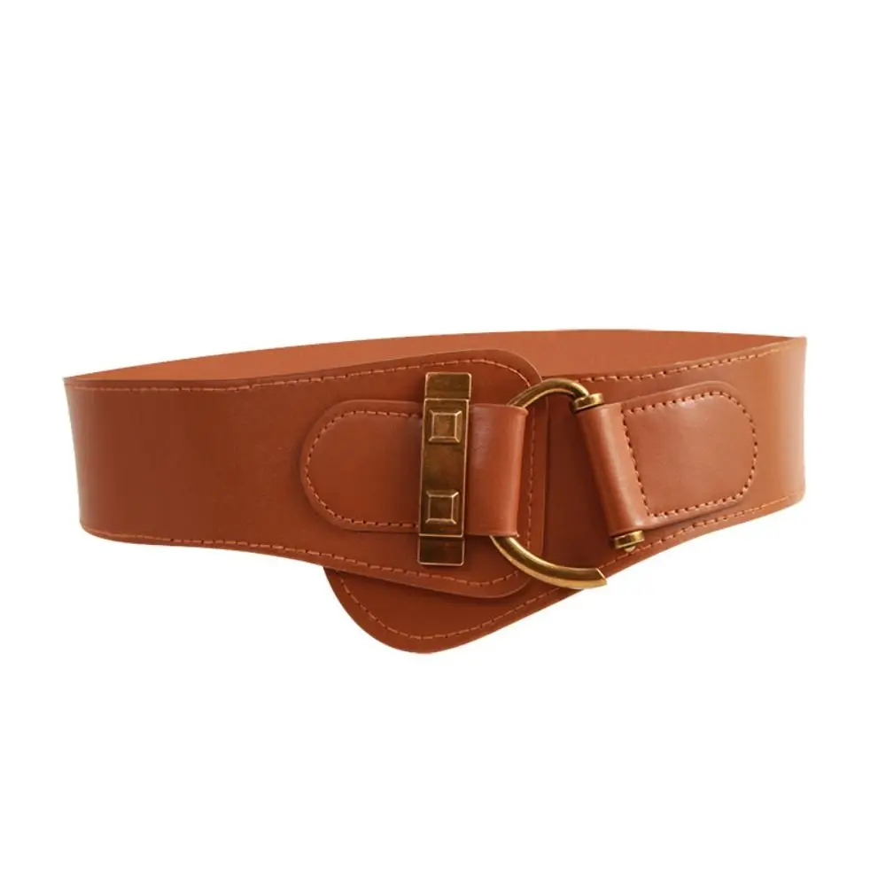Sabuk Pinggang Kulit PU Fashion dengan Gesper Paduan Logam, Sabuk Lebar Elastis yang Dapat Disesuaikan, Ikat Pinggang Elastis untuk Gaun