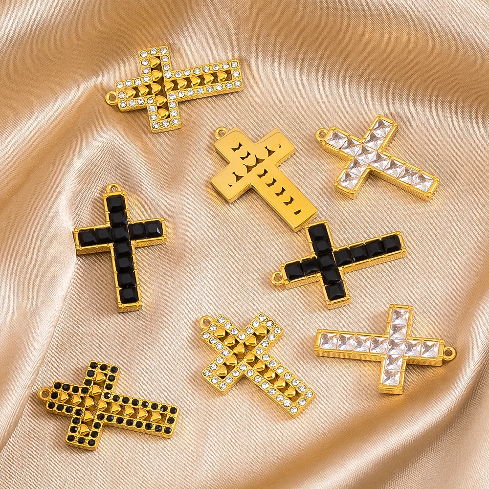 

2pcs Stainless Steel Rhinestone Cross Pendants White Black Crystal Crucifix Charms for DIY Jewelry Making Necklace Accessories