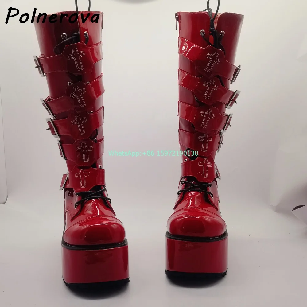 

Dark Red Buckle Belt Cross Boots Round Toe Chunky Heels Platform Mixed Color Knee High Boots Ladies Fashion Runway Shoes