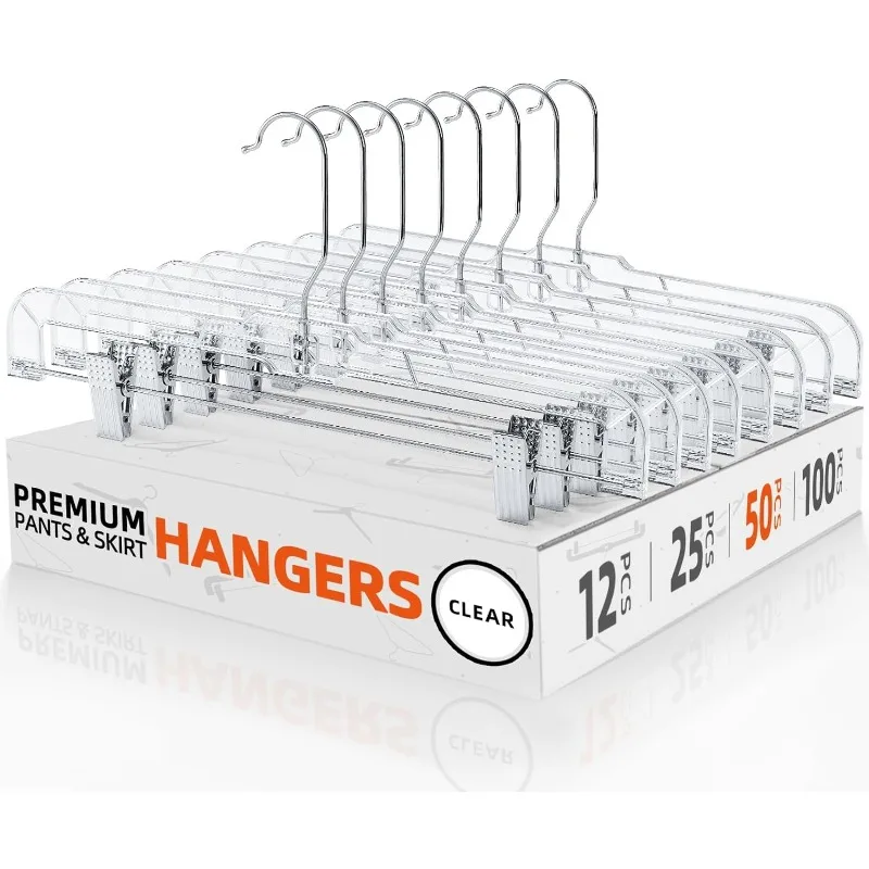 

Skirt Hangers Pants Hangers with Clips Clear Plastic Pants Hangers with 2-Adjustable Clips Non-Slip Pants Space Saving