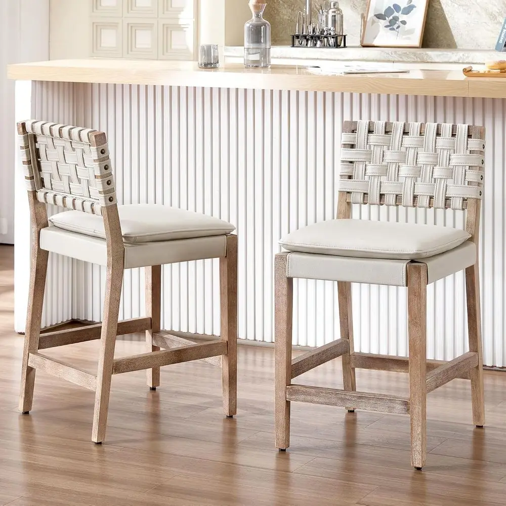 

Set of 4 High-Back Counter Height Leather Bar Stools, Solid Wood, Beige, 24 Inches