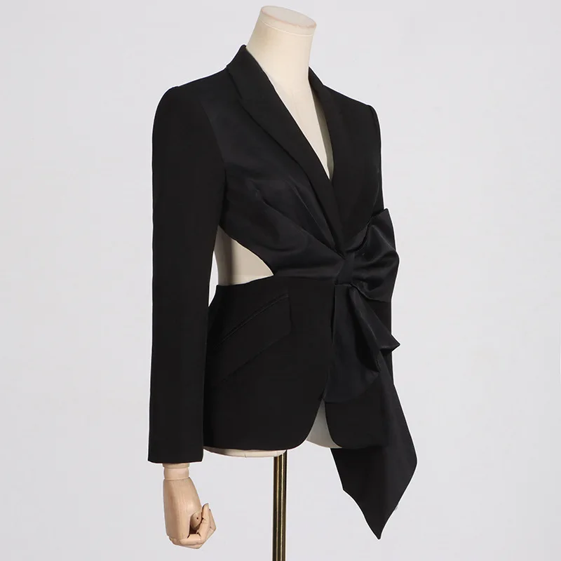 Summer Black Bow Women Suit 1 Piece Blazer Long Sleeve Formal Office Lady Work Cotton Jacket Coat Sexy Hollow Coat Outfit