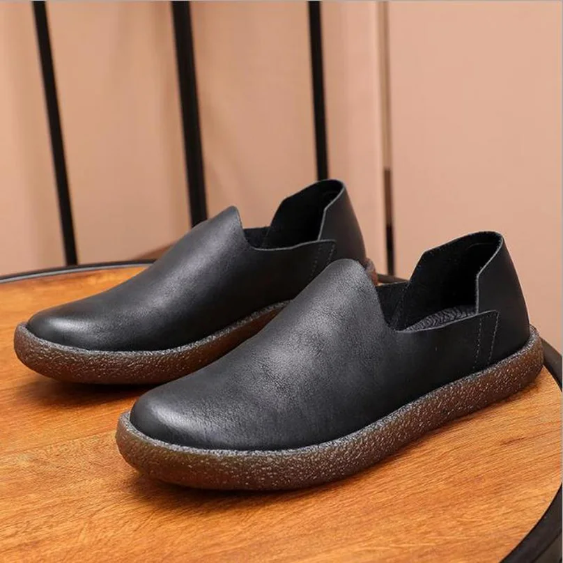 Vintage Designer Men\'s Casual Shoes Autumn New Breathable Genuine Leather Flats Rubber Sole Platform Stitching Loafers Black