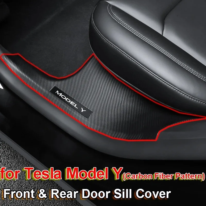 4PCS Front Rear Door Sill Protector Cover for Tesla Model Y 2024 Carbon Fiber Anti Kick ABS Pedal Guards Inner Strip Threshold