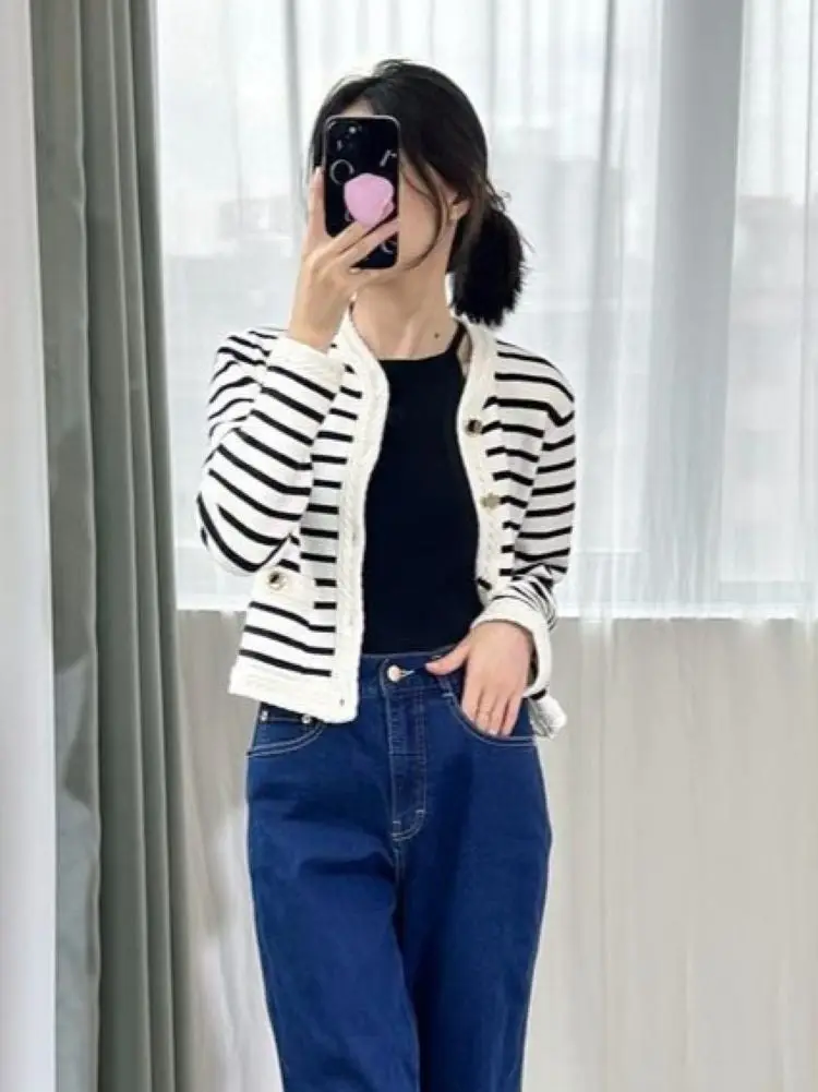 

Women Striped Cardigan Single Breasted Long Sleeve Round Neck Casual Spring 2024 Knitted Sweater