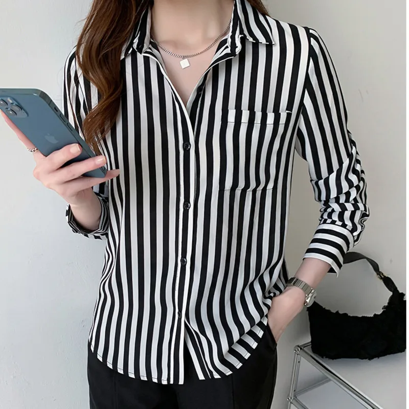 #3248 Office Shirts Women Black And White Striped Shirt Long Sleeve Slim Fit Chiffon Womens Tops And Blouses Pockets Elegant