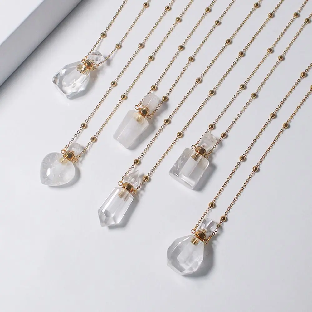 

Natural Clear White Crystal Vial Necklace Steel Chain Openable Wishing Bottle Pendant Perfume Essential Oil Jar Necklace Jewelry