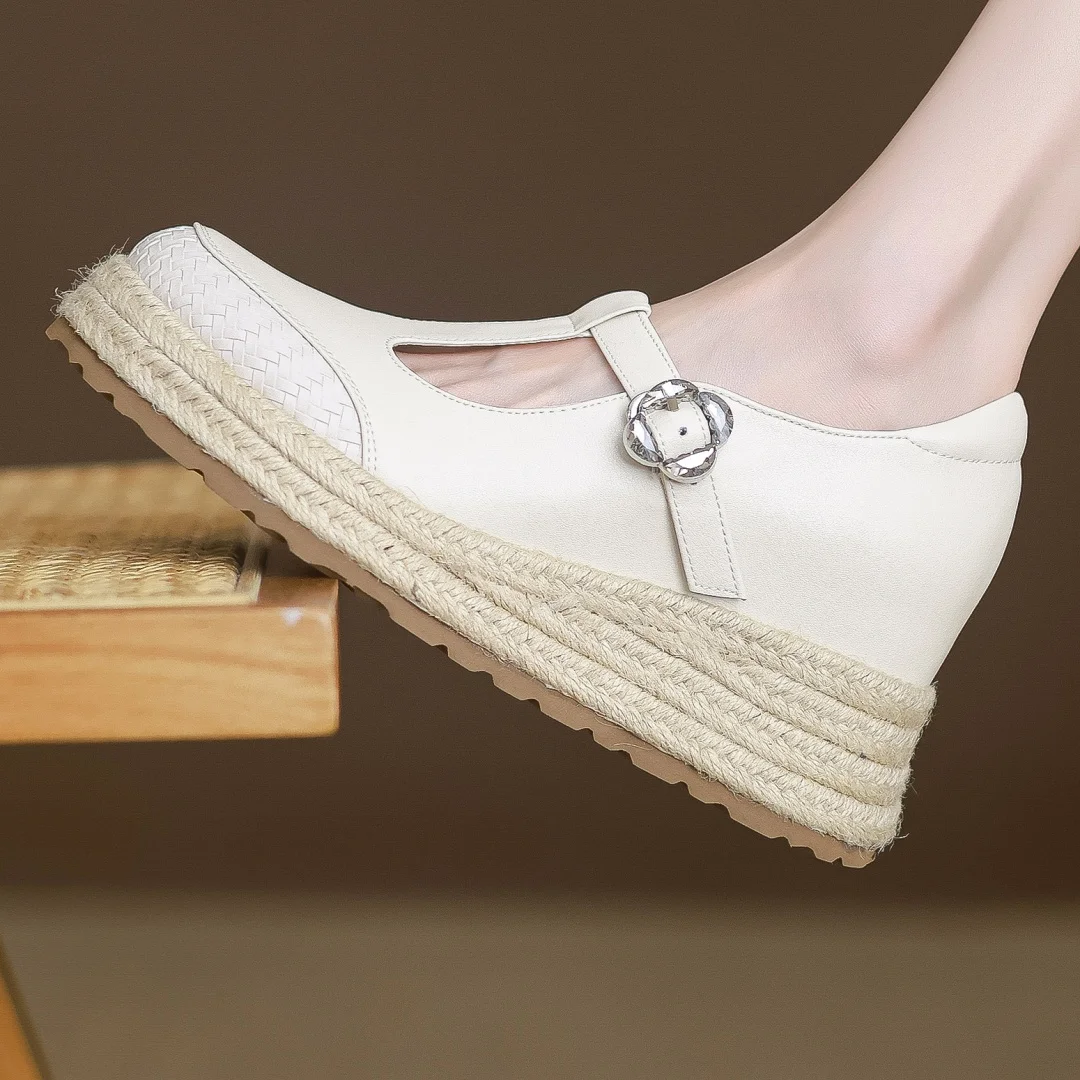 

Women's genuine leather narrow band t-strap slip-on loafers 7cm hemp wedge platform casual female daily moccasins shoes woman