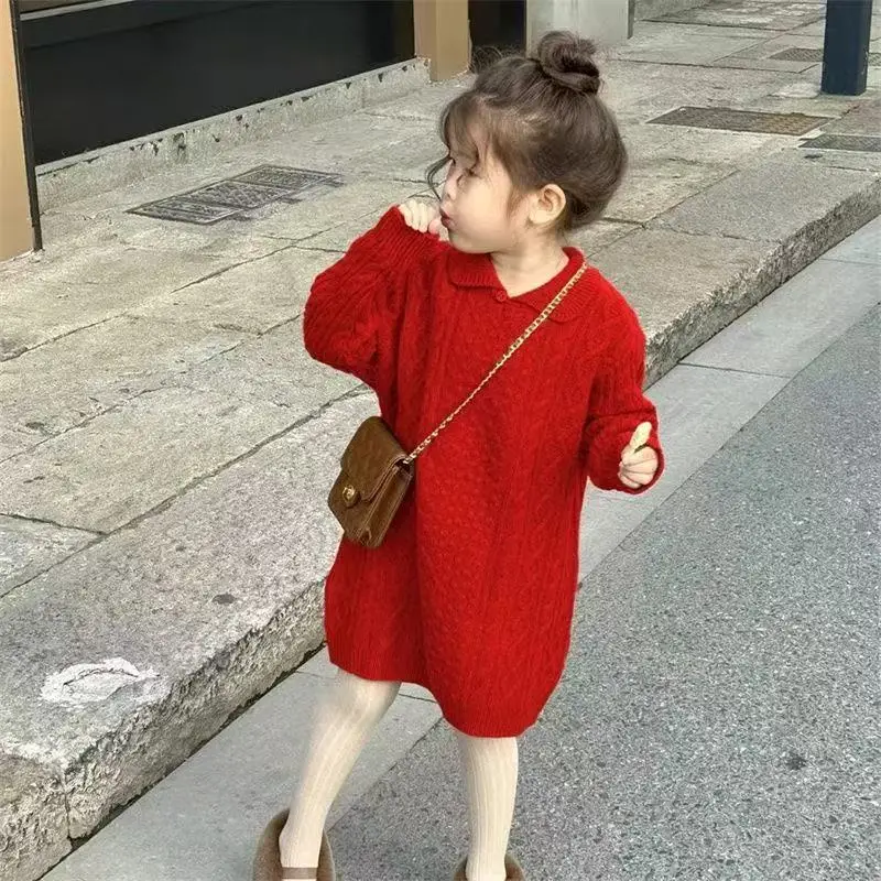 

Girls' Spring and Autumn Sweater Dress Korean Version Of New Children's Medium Length Girls' Fried Dough Twists Knitting Dress