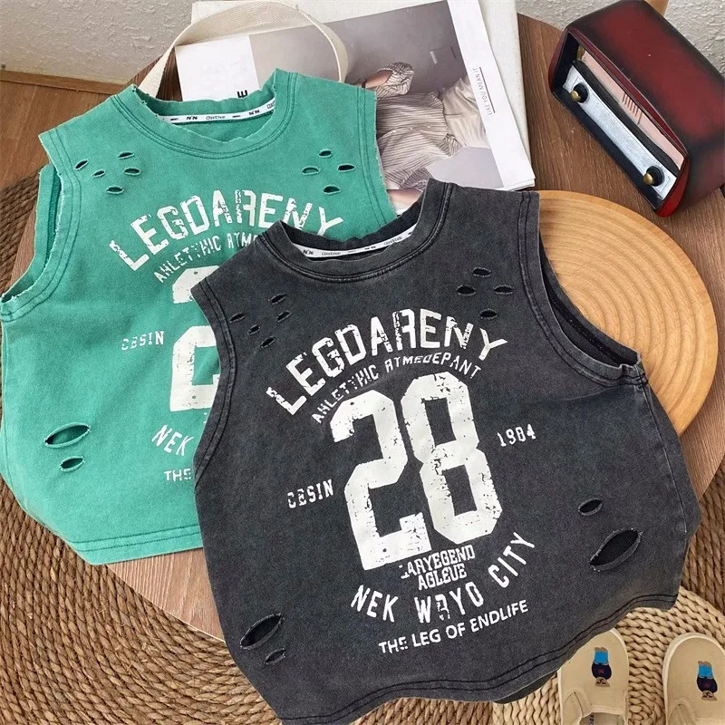 2025 Summer New Tank Top for Boys Made of Pure Cotton with Broken Holes Fashionable Cool Vintage Sleeveless Top