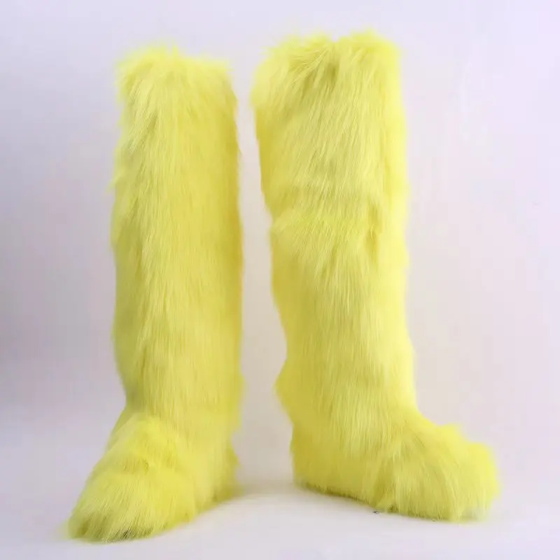 Winter Knee High Fluffy Boots Ladies Furry Faux Fox Fur Long Warm Shoes Women New Designer Plush Knee High Fur Boots Girls