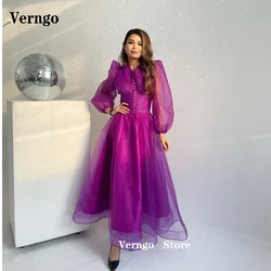 Verngo Shiny Fuschia Purple Tulle Evening Party Dresses Puff Long Sleeves V Neck Buttons Prom Dress Birthday Party Customized