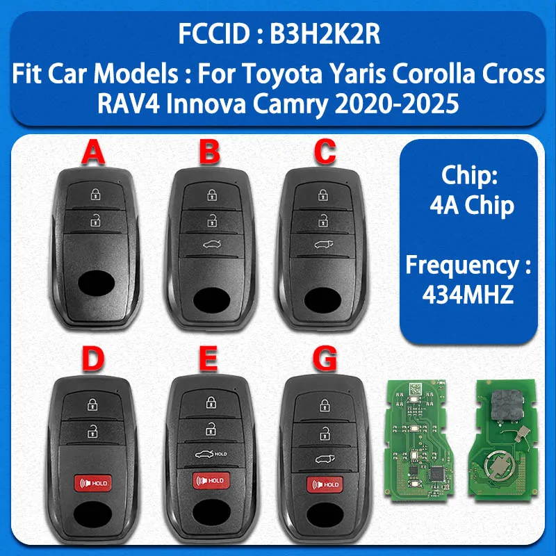 CN007212 Aftermarket 2/3/4Buttons Smart Key FCC B3H2K2R 4AChip 434MHz For Toyota Yaris Corolla Cross RAV4 Innova Camry 2020-2025