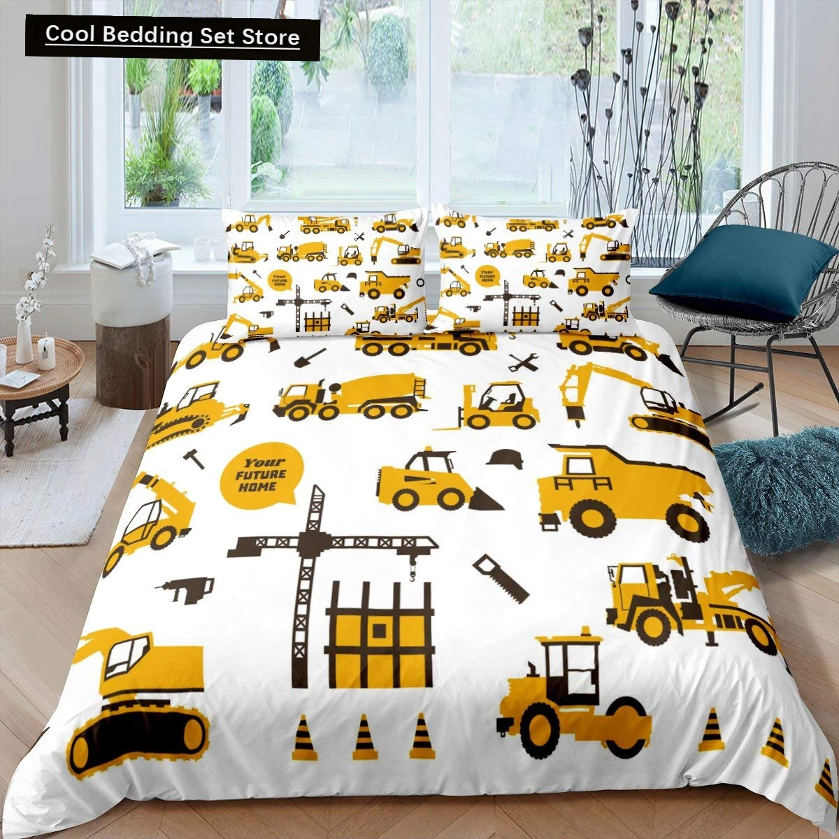 

Construction Tractor Truck King Queen Duvet Cover Excavators Crane Bedding Set Vehicle Quilt Cover Polyester Comforter Cover