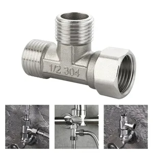 G1/2 3 Way T-Adapter Bathroom Shower Faucet Water Splitter Toilet Shower Valve Spray Nozzle Converter Stainless Steel