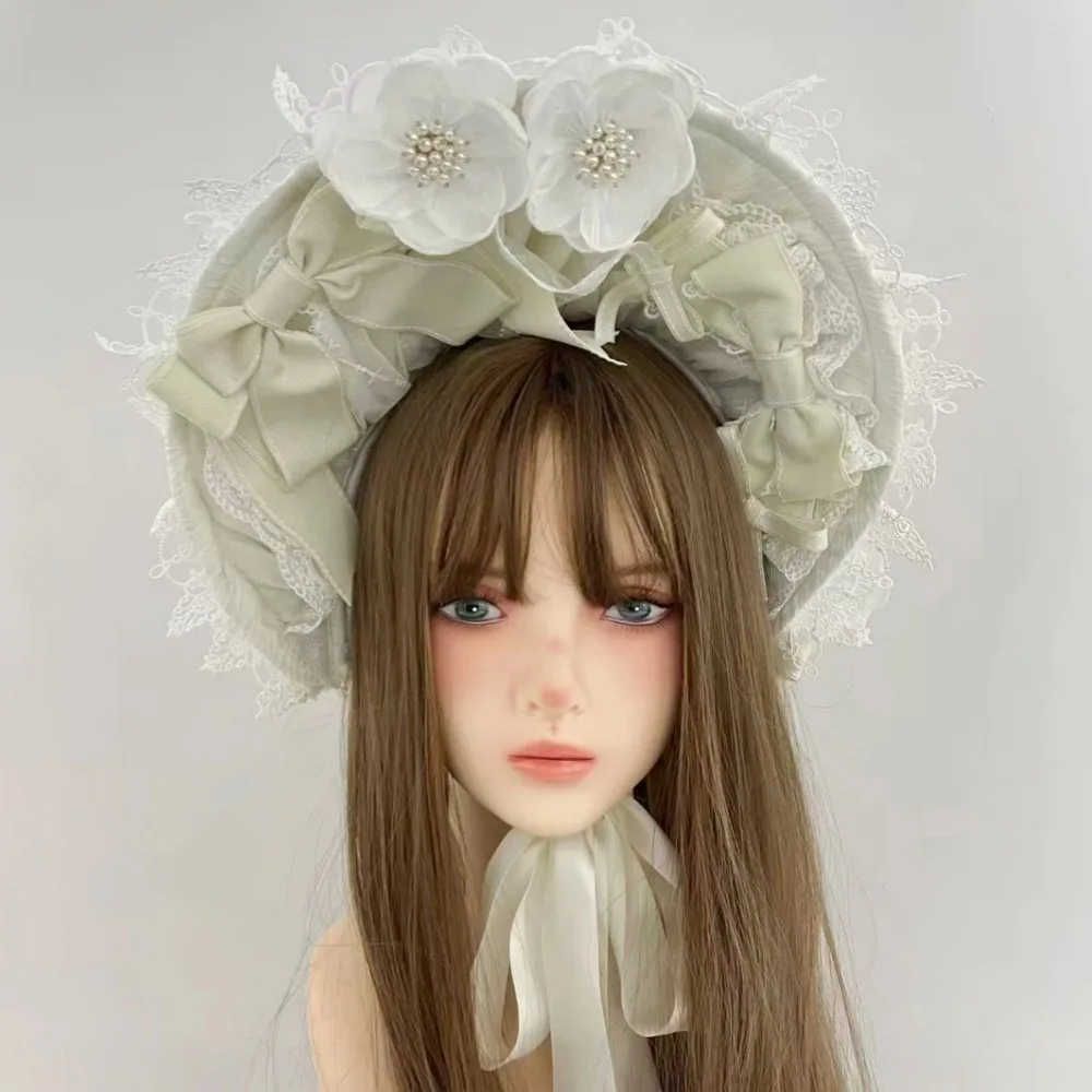 Vintage Victorian Dark Gothic Tea Party Lace Straw Hat Lolita Girls Rose Flowers Bonnet with Ruffles Halloween Black Headdress
