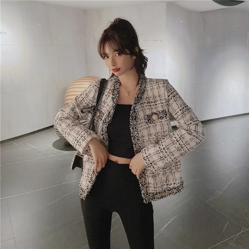 Retro short small Fragrance Jacket Women 2023 Autumn New Korean fashion French jacket Women loose tweed temperament top Female