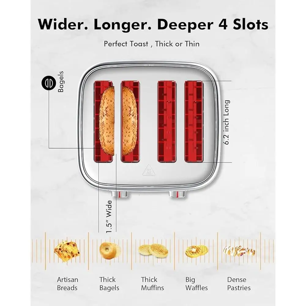 Retro 4 Slice Toaster Wide Slots Removable Crumb Tray 6 Browning Options Auto Shut Off Frozen Function Kitchen Essential