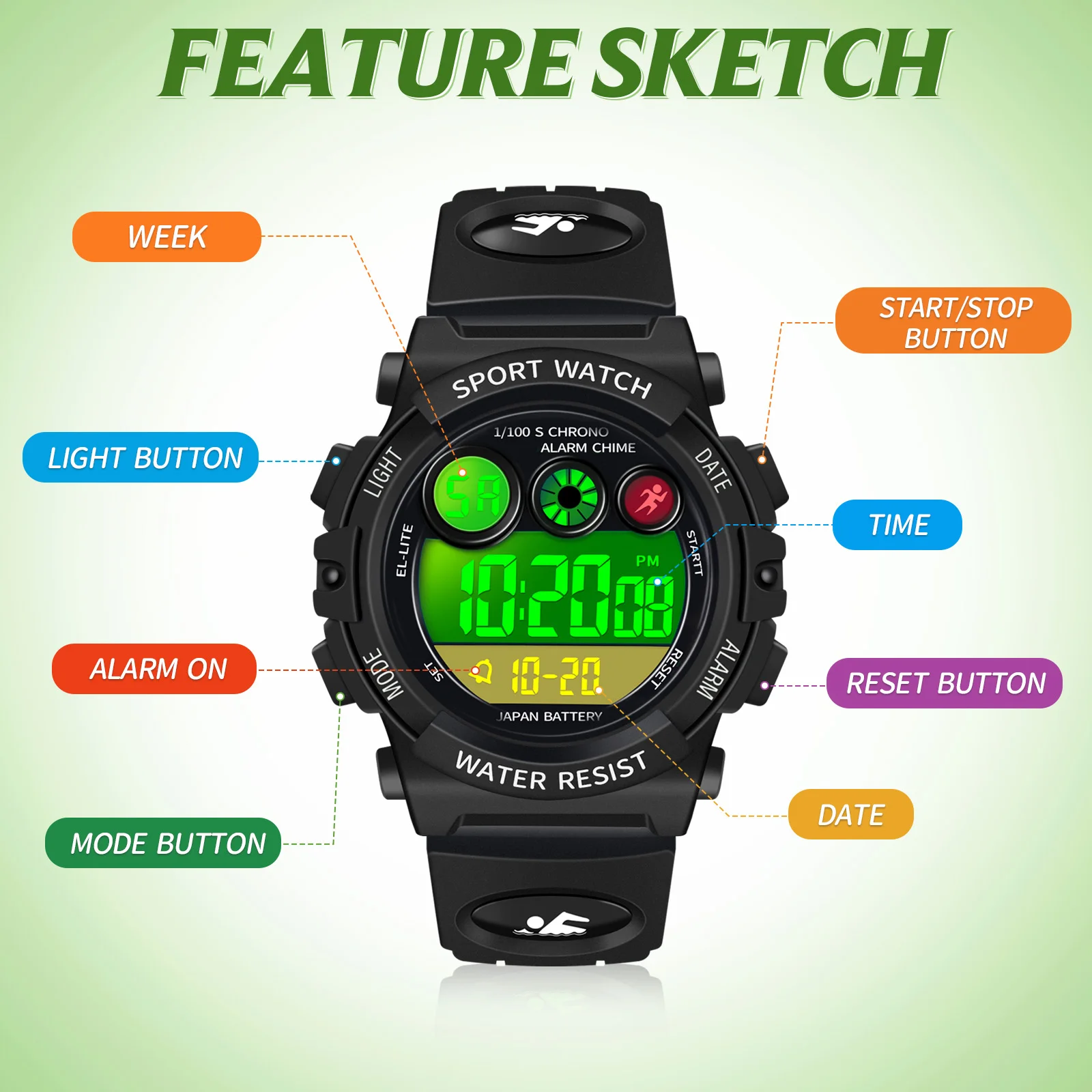 Children's watch, digital outdoor sports waterproof boys' watch, 12/24-hour alarm clock, 7-color backlight stopwatch, bracelet.
