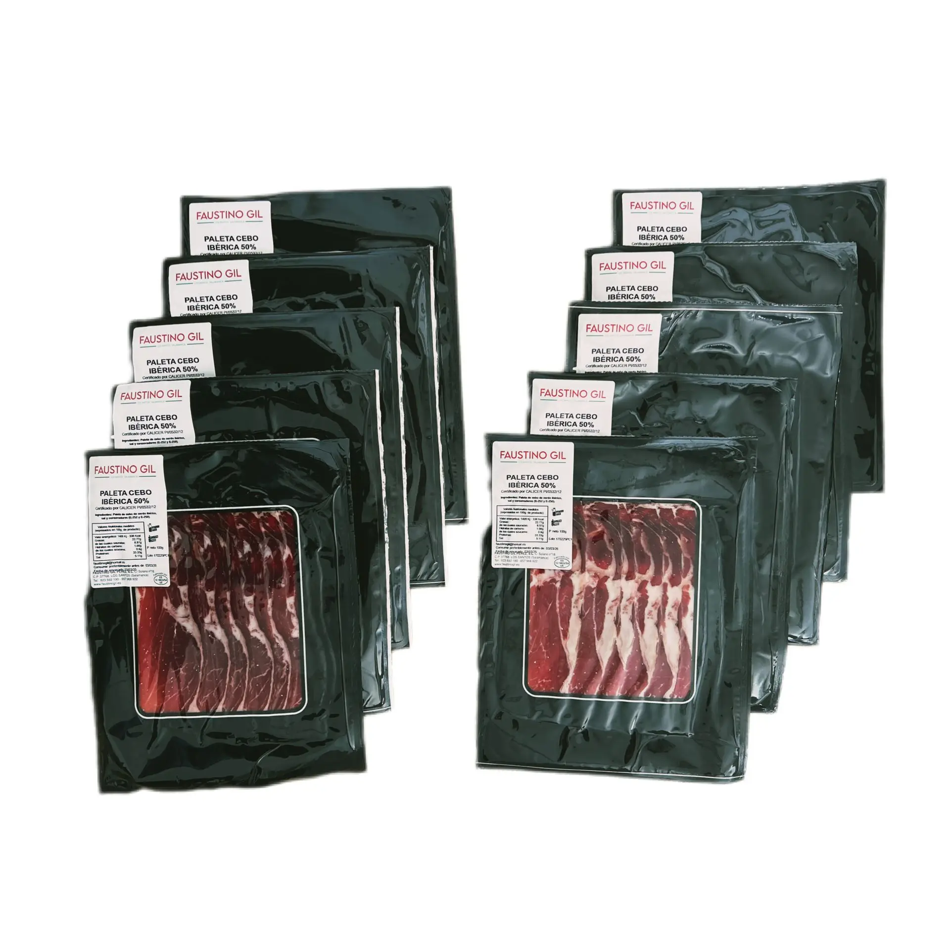 PALETA IBERICA CEBO 50% RAZA IBERICA LONCHEADA -10 Sobres de 100G - Elaboración tradicional - Ibéricos Faustino Gil -