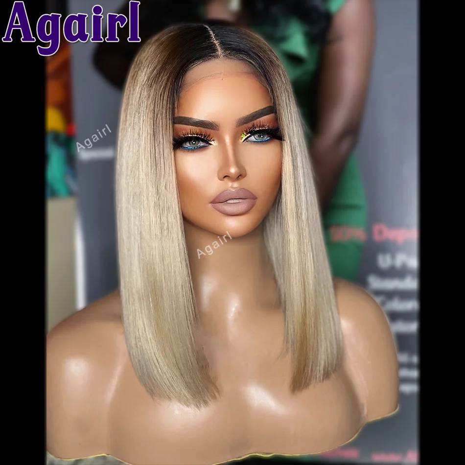 

180 Density Ombre Ash Blonde 13x4 Short Bob Lace Front Human Hair Wigs Transparent Lace Frontal Straight Bob Wig For Black Women