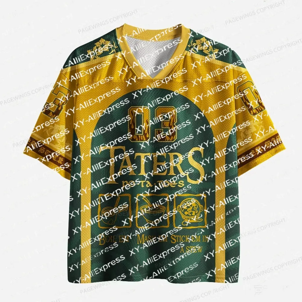 Novelty Graphic V-Neck Sports Jersey, Green Gold Tone Short Sleeve Top, Fun Statement Wear for Game Night & Casual Events