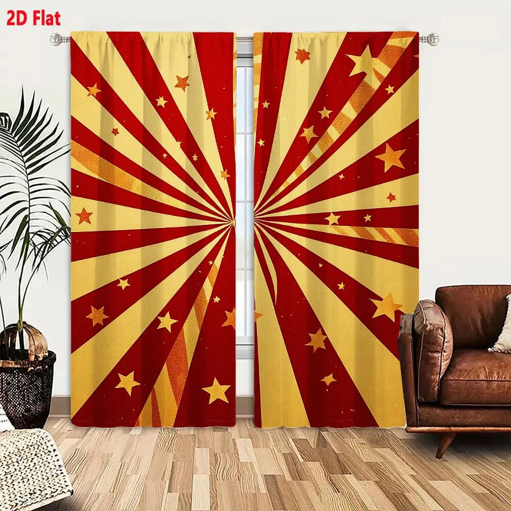 2Pcs Curtains Add 2D Flat Vibrant Retro Radial Burst Deep Red Golden Yellow Sunburst Stars Vintage Circus Carnival Theme Grainy