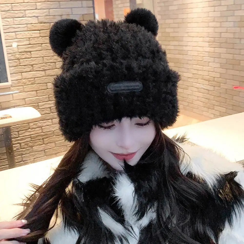 Y2K Plush Beanie Hat For Women Girls Cute Fuzzy Bear Ear Beanie Furry Slouchy Faux Fur Winter Hat Warm Soft Trendy Beanies Cap