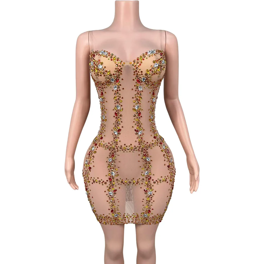 Sexy Sparkly Rhinestones Nightclub Stage Dress Women Evening Birthday Party Strapless Mesh See Through Mini Photo Shoot Dress