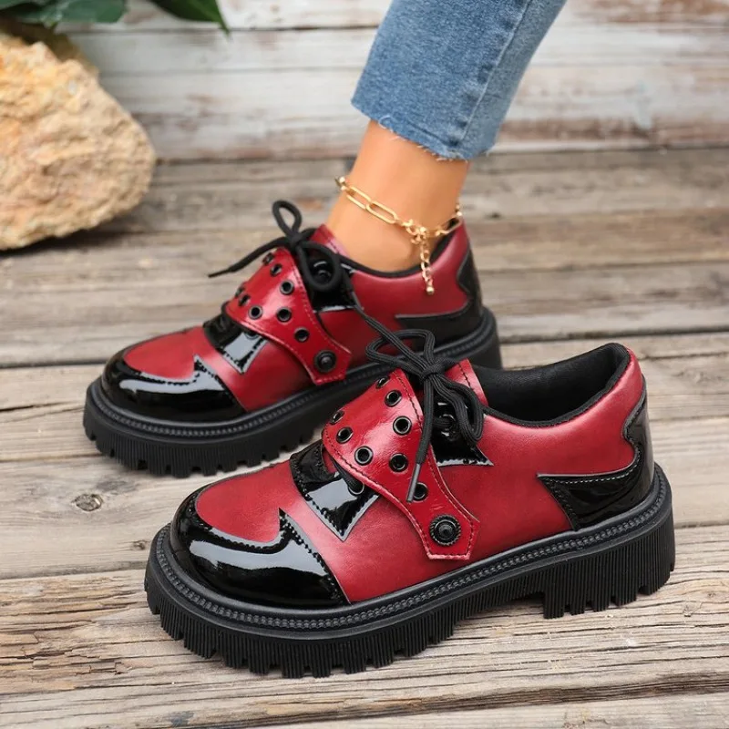 Platform Oxford Shoes Women Comfortable Plus Size 43 Lace Up Pu Leather Shoes Woman Red Thick Sole Loafers