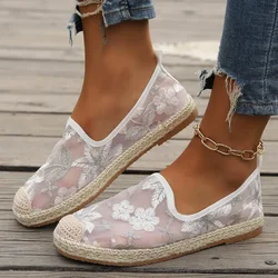 Large Size Single Shoe Women's 2024 Summer New Lace Mesh Hollowed Out Women's Flat Bottomed Fisherman's Shoes  flat shoes women