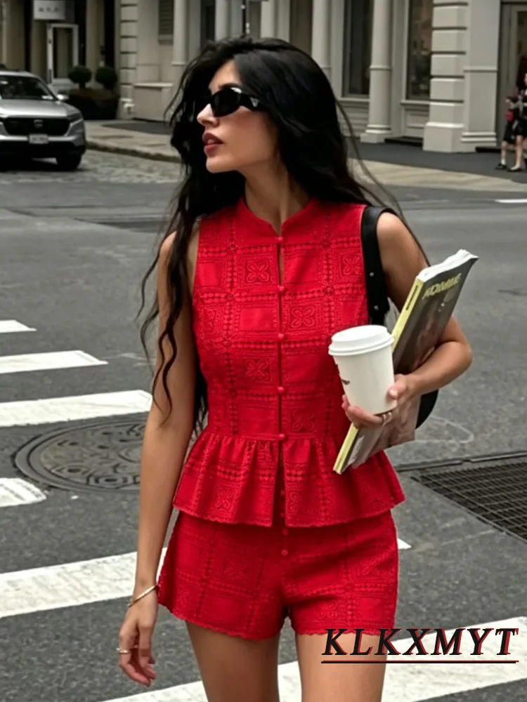 Women Elegant Knit Embroidery Hollowed-Out 2 Pieces Sets New Fashion Office Wrinkled Hem Vest Top+Short Two Piece Set Red Outfit image 2