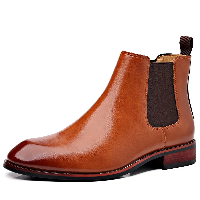 Men\'s Pointed Casual Short Boots High Top Leather Shoes Chelsea Boots