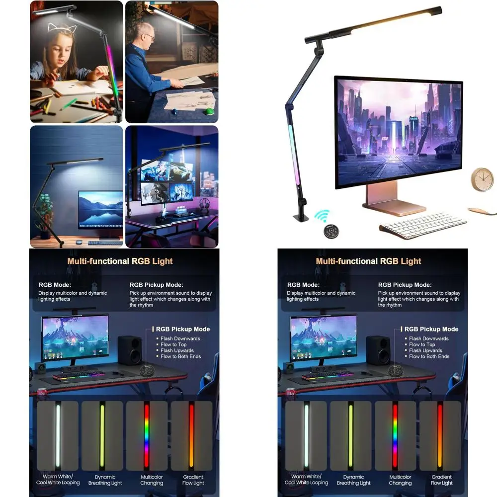 

Настольная RGB-лампа с креплением на стол, пультом ДУ, регулируемым кронштейном, 4 режима яркости для дома, офиса, чтения, учебы, игр