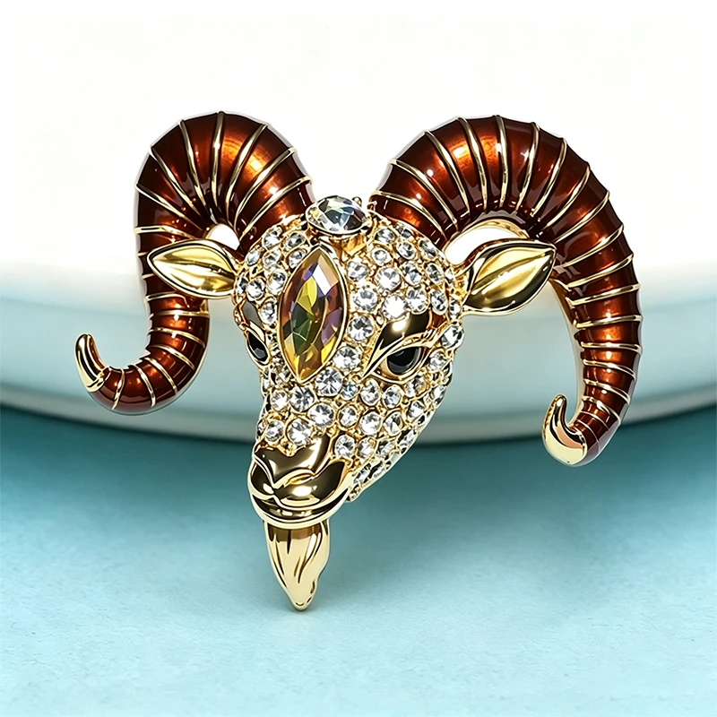 Wuli&baby Cool Enamel Goat Head Brooches For Women Unisex Rhinestone Year Of The Sheep Animal Party Brooch Pins New Year Gifts