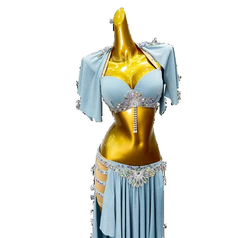 Nuovi costumi di danza del ventre personalizzati Abito da pratica Set di abiti da spettacolo di danza orientale azzurro per reggiseni e gonne da donna