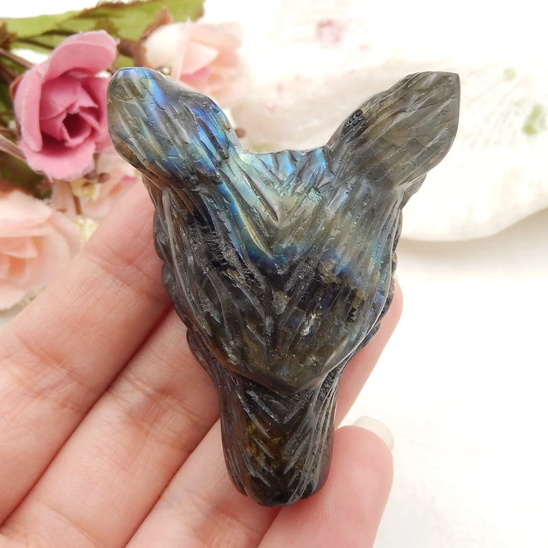 

Semi-precious stones Hand made Carved Labradorite Wolf Head Pendant Bead Popular jewelry,50x40x20mm45g