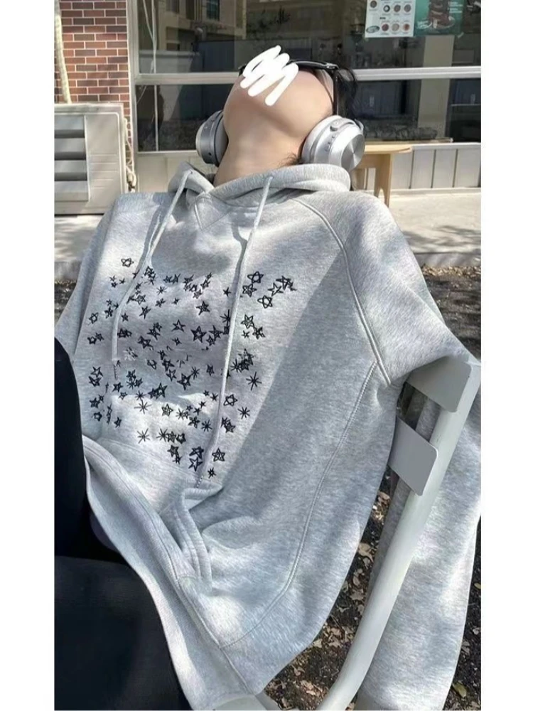 

2025 Light Grey Oversize Hoodie-Black Star Pattern Print, Drawstring Hood & Kangaroo Pocket, Streetwear Sweatshirt Autumn Winter