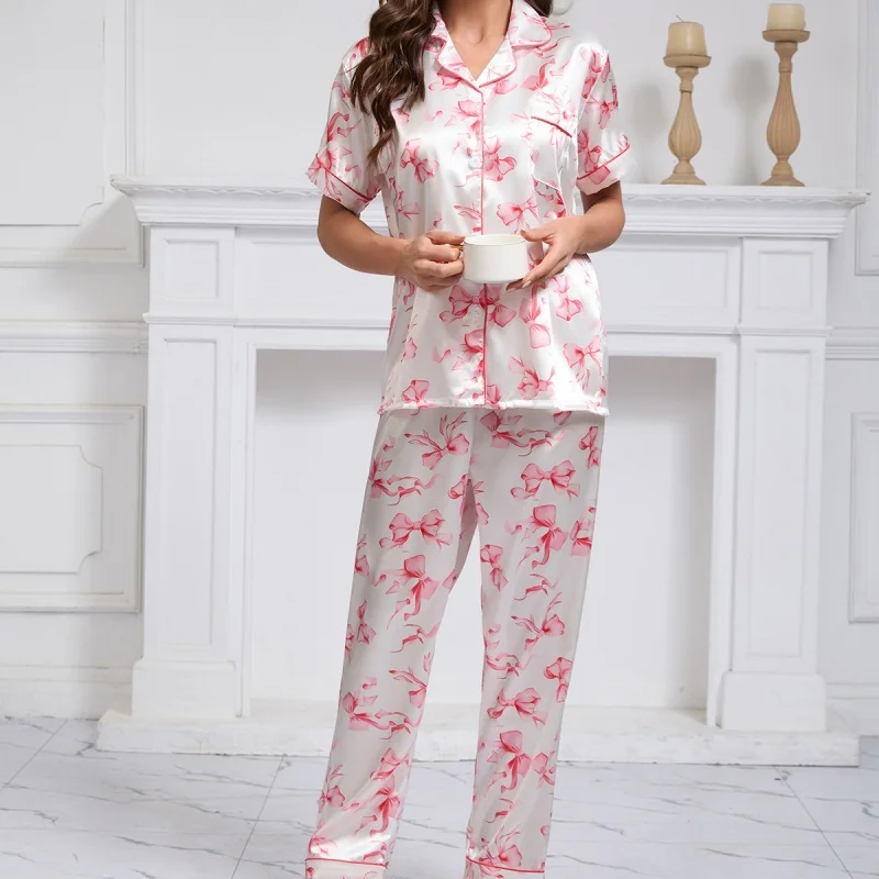 

2 шт., ночное белье с розовым бантом и принтом для женщин, осенний топ с короткими рукавами и пуговицами, длинные брюки, свободная удобная одежда для дома, наряд