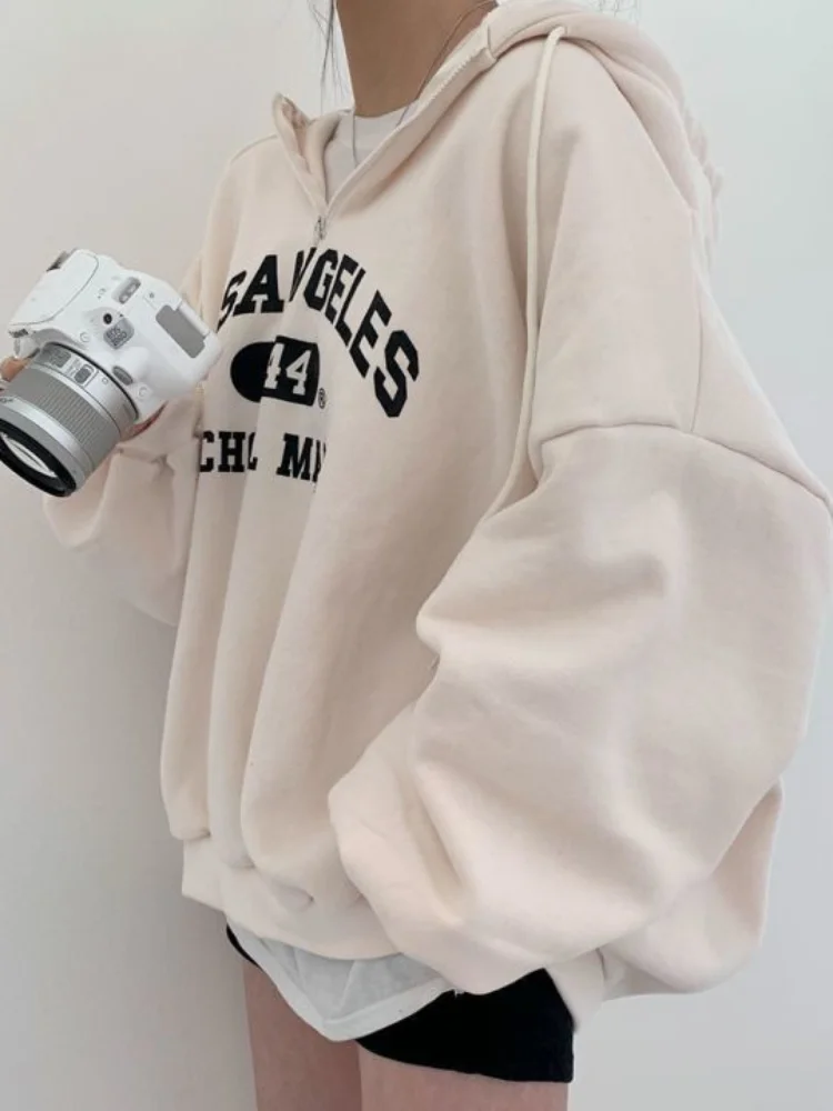 Women Kpop Loose Hooded Sweatshirts Half Zipper Pullover Long Sleeve Couple Top Harajuku Vintage Letter Printed Hoodies