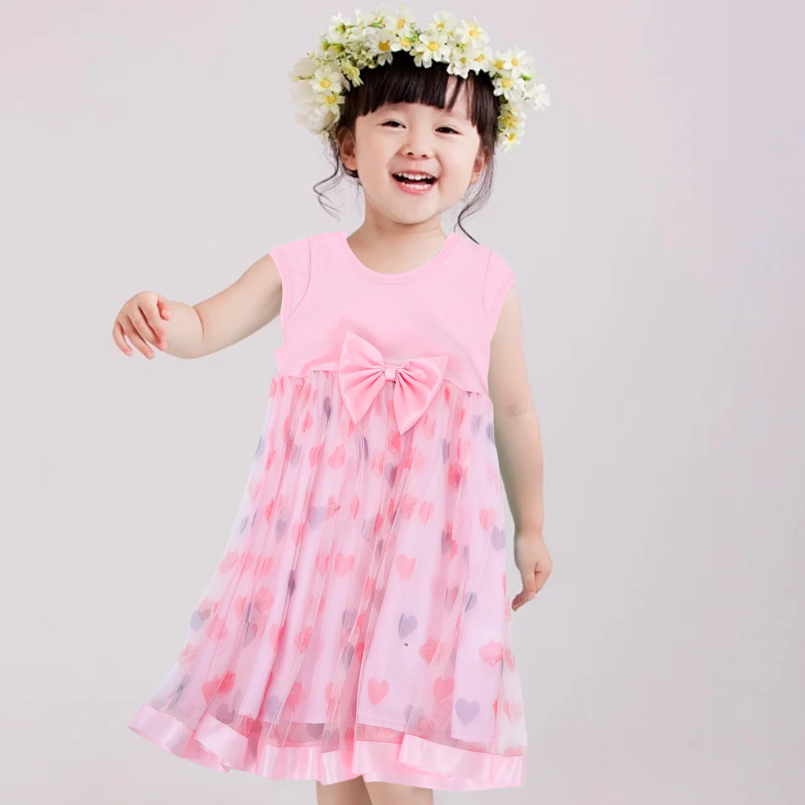 

Baby Girl Sleeveless Mesh Dress Heart Pattern Breathable Summer Toddler Dress Outdoor Party Cute Princess Outfit