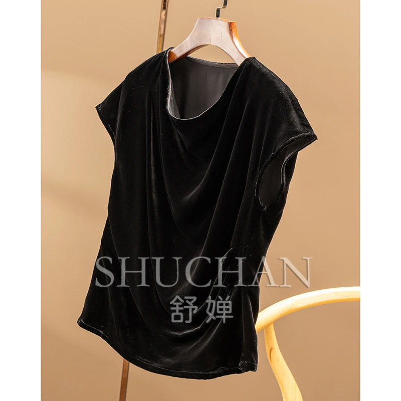 Intellectual Femininity,  Silk Velvet Elegant Swinging Neck Bag Rotator Sleeve Shirt 86A0 womens tops and blouses