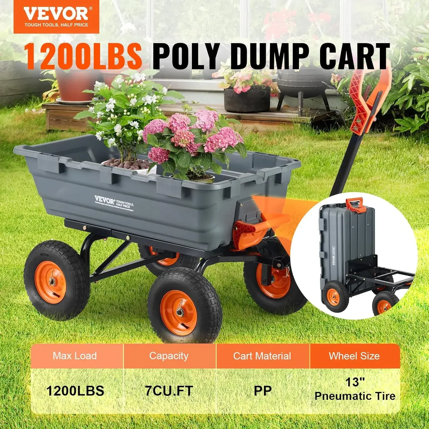 1200lbs 7Cu.Ft. Garden Dump Cart with 2-in-1 Convertible Handle and 13in All Terrain Wheels